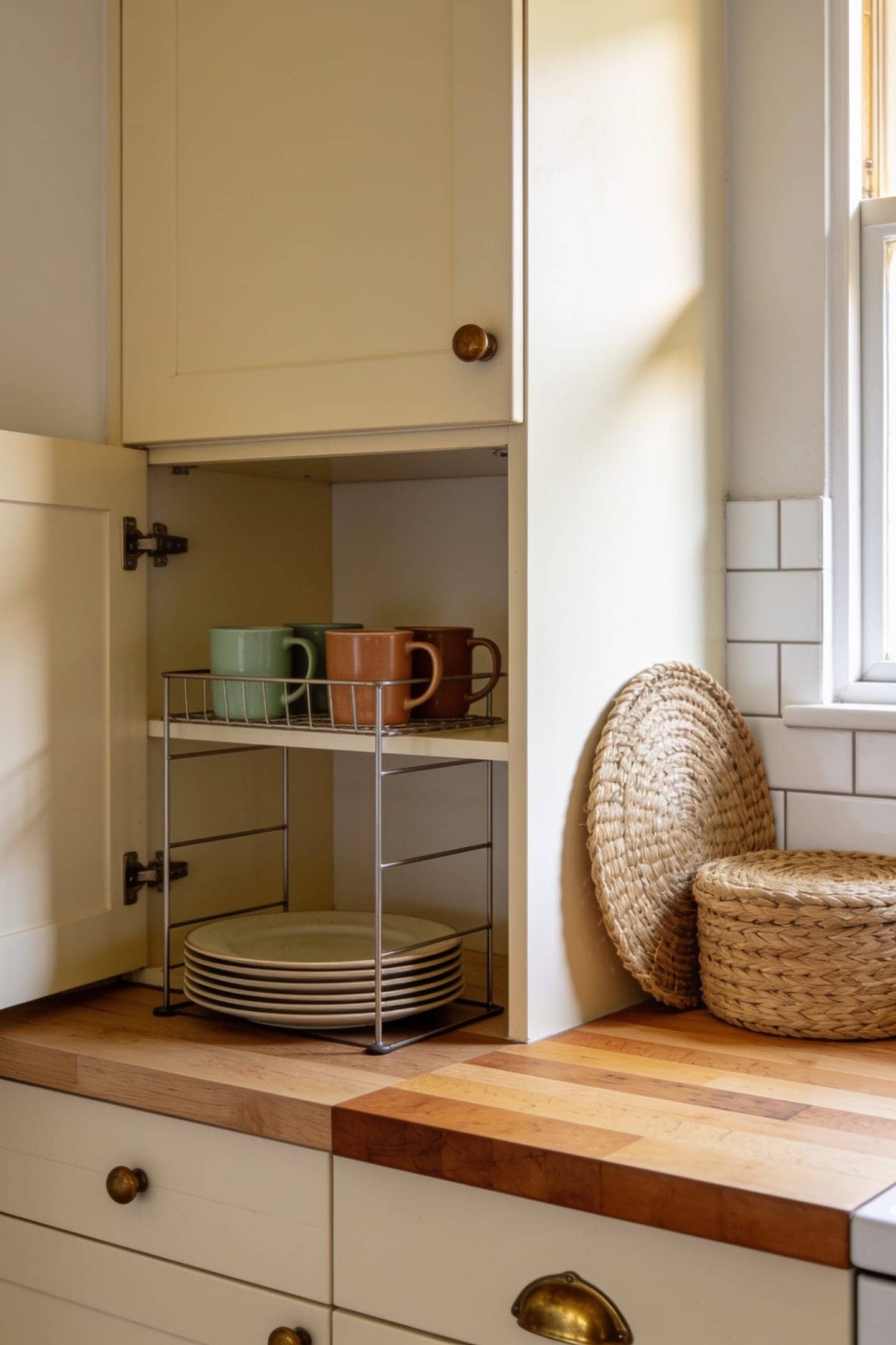 stackable shelf risers doubling the storage inside a small kitchen cabinet
