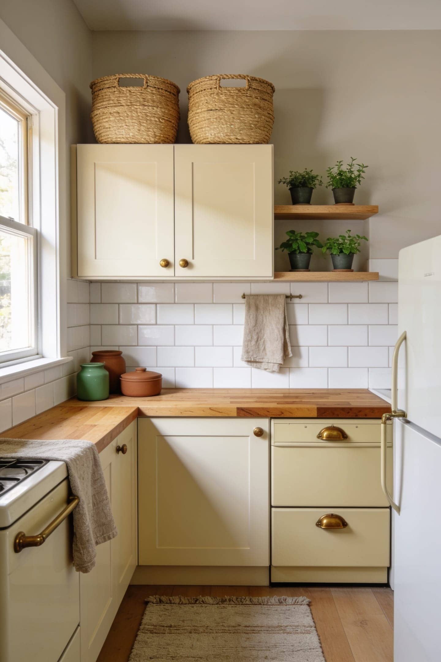 woven baskets stored on top of kitchen cabinets above the fridge in a small kitchen