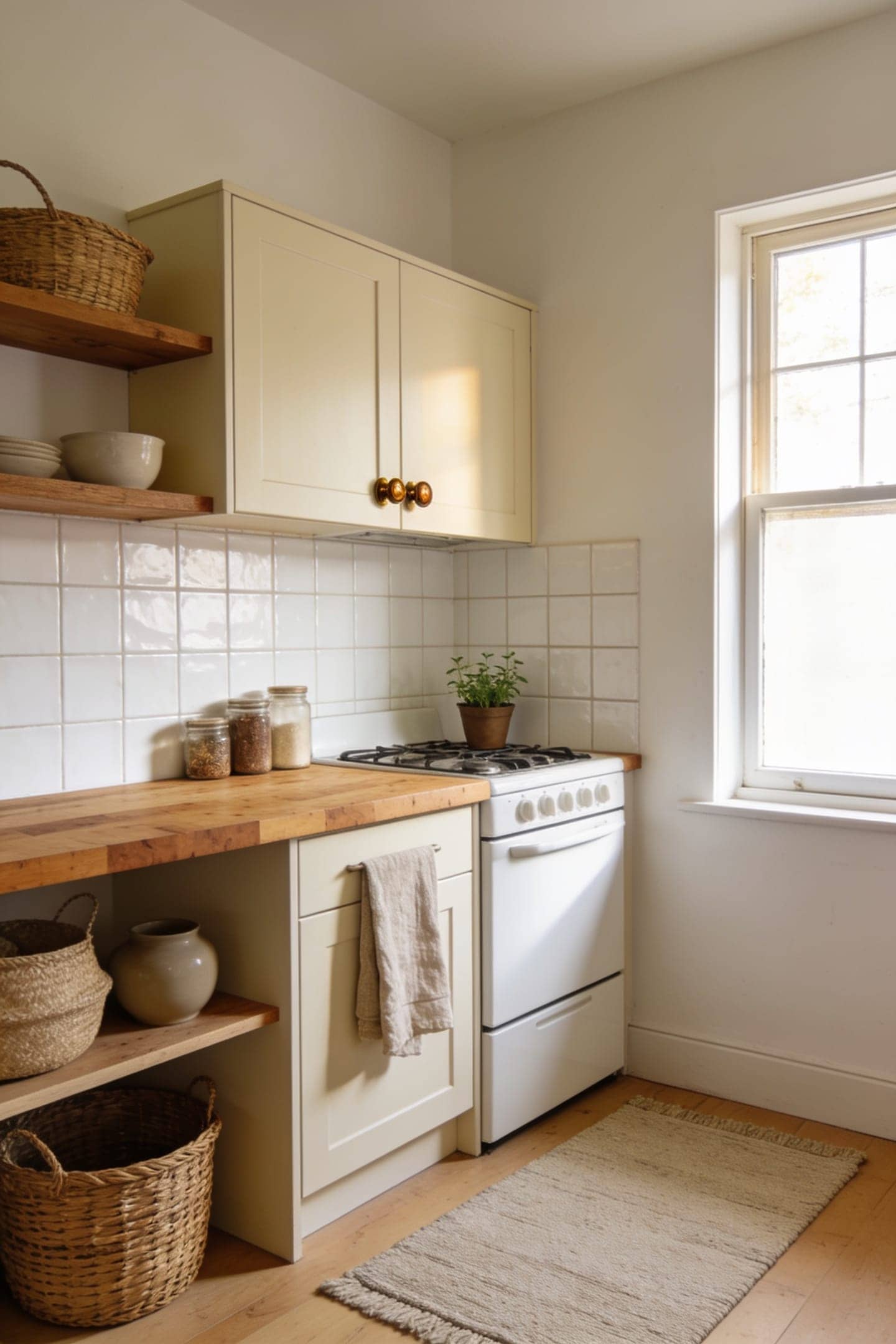 peel and stick tile covering a dated backsplash in a small rental kitchen