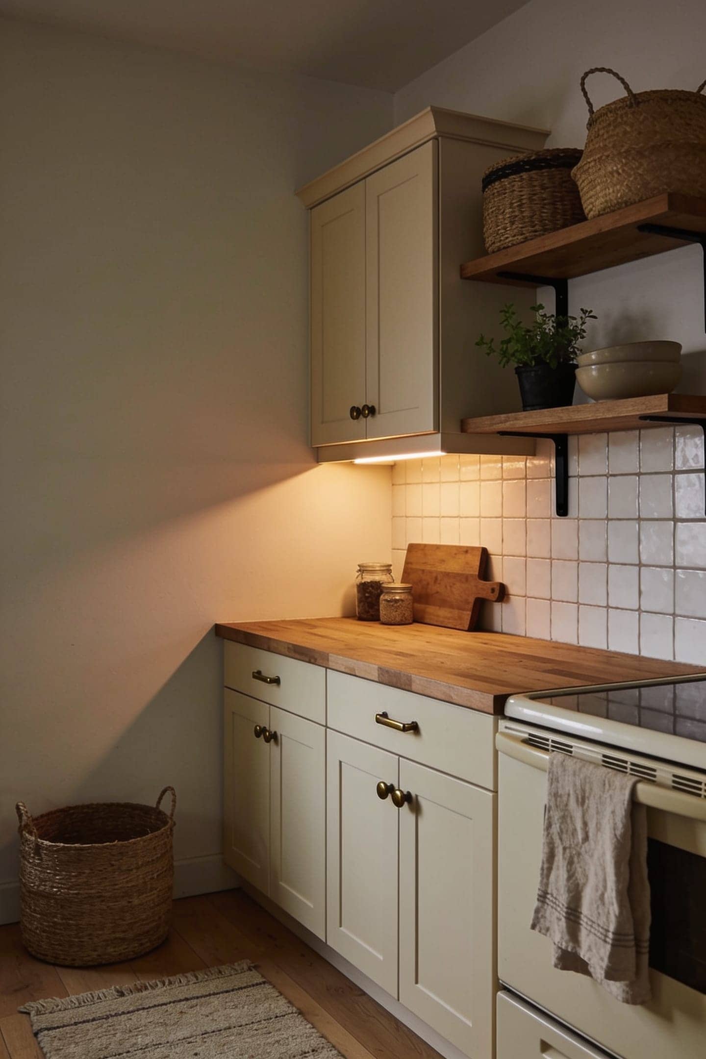 warm under cabinet stick on lights glowing over the counter in a small kitchen