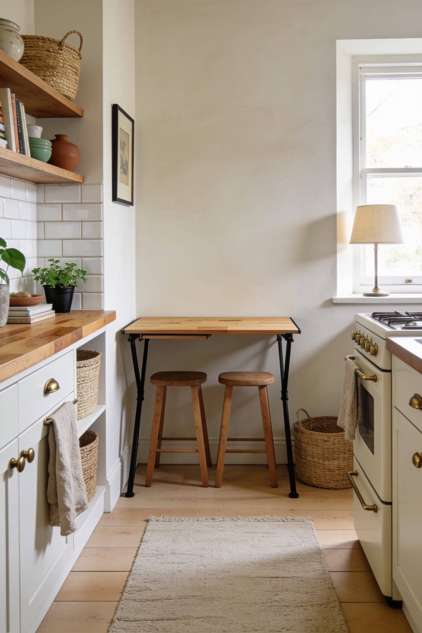 slim drop leaf table folded against the wall of a small kitchen