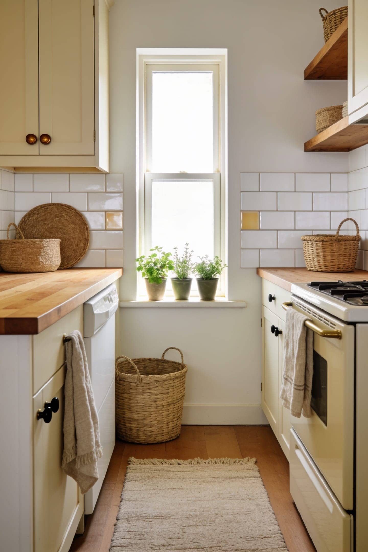 small herb pots on a sunny windowsill in a rental kitchen