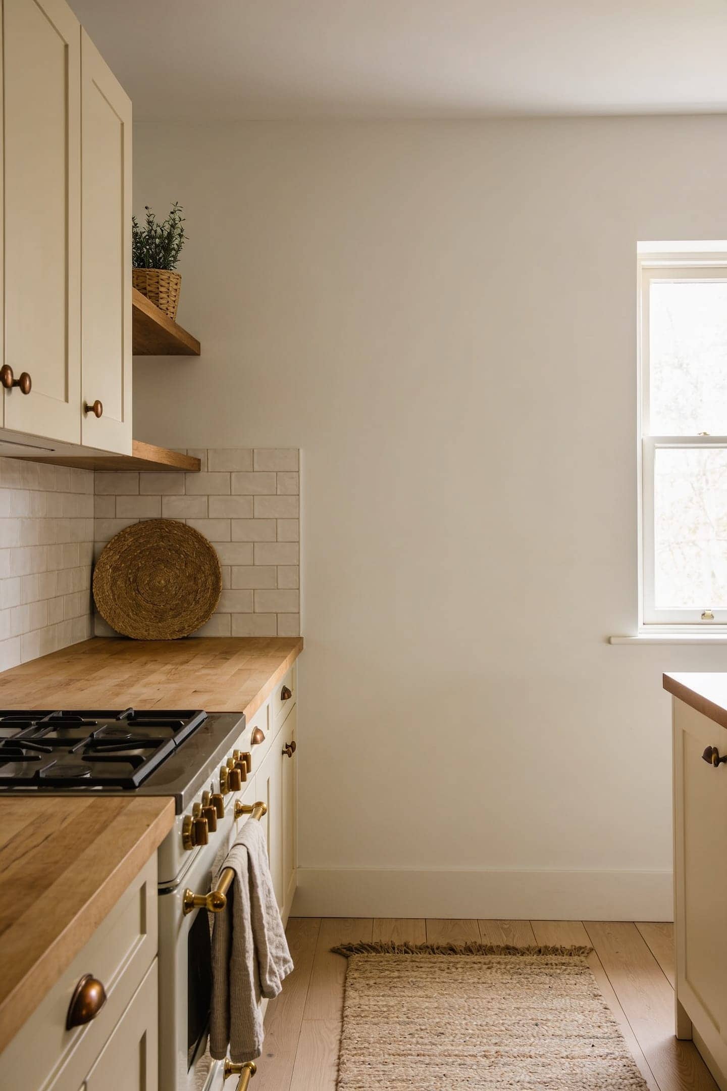 one clear stretch of counter kept empty next to the stove in a small kitchen