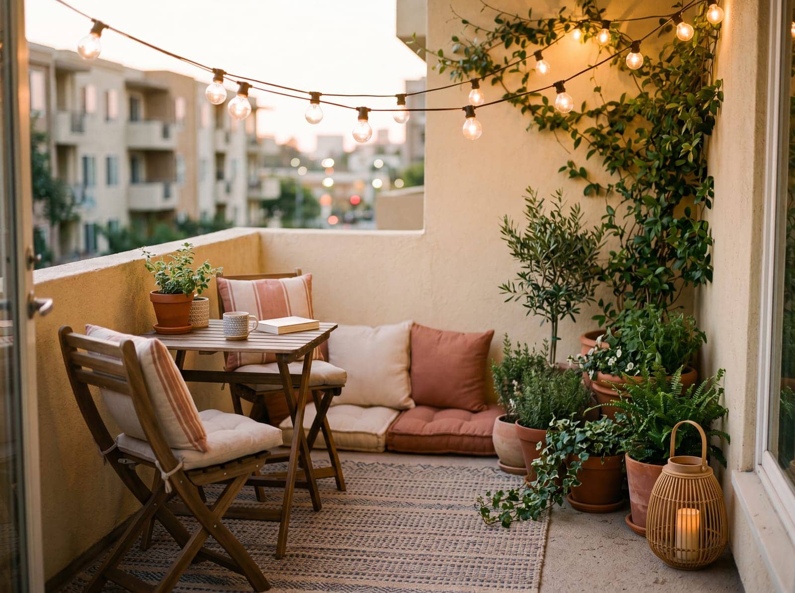 small styled patio at dusk with string lights