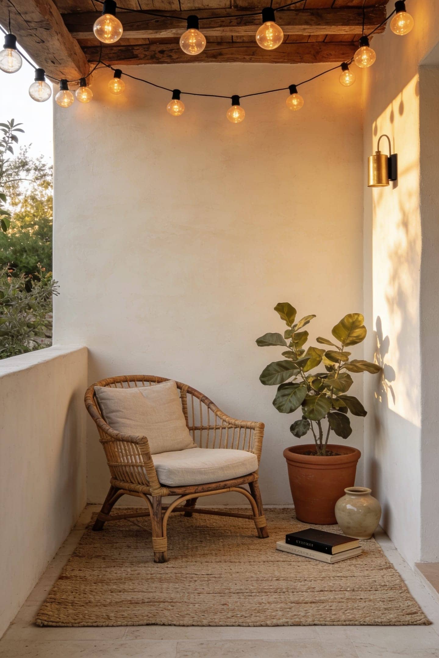 small patio zoned with rug and lights