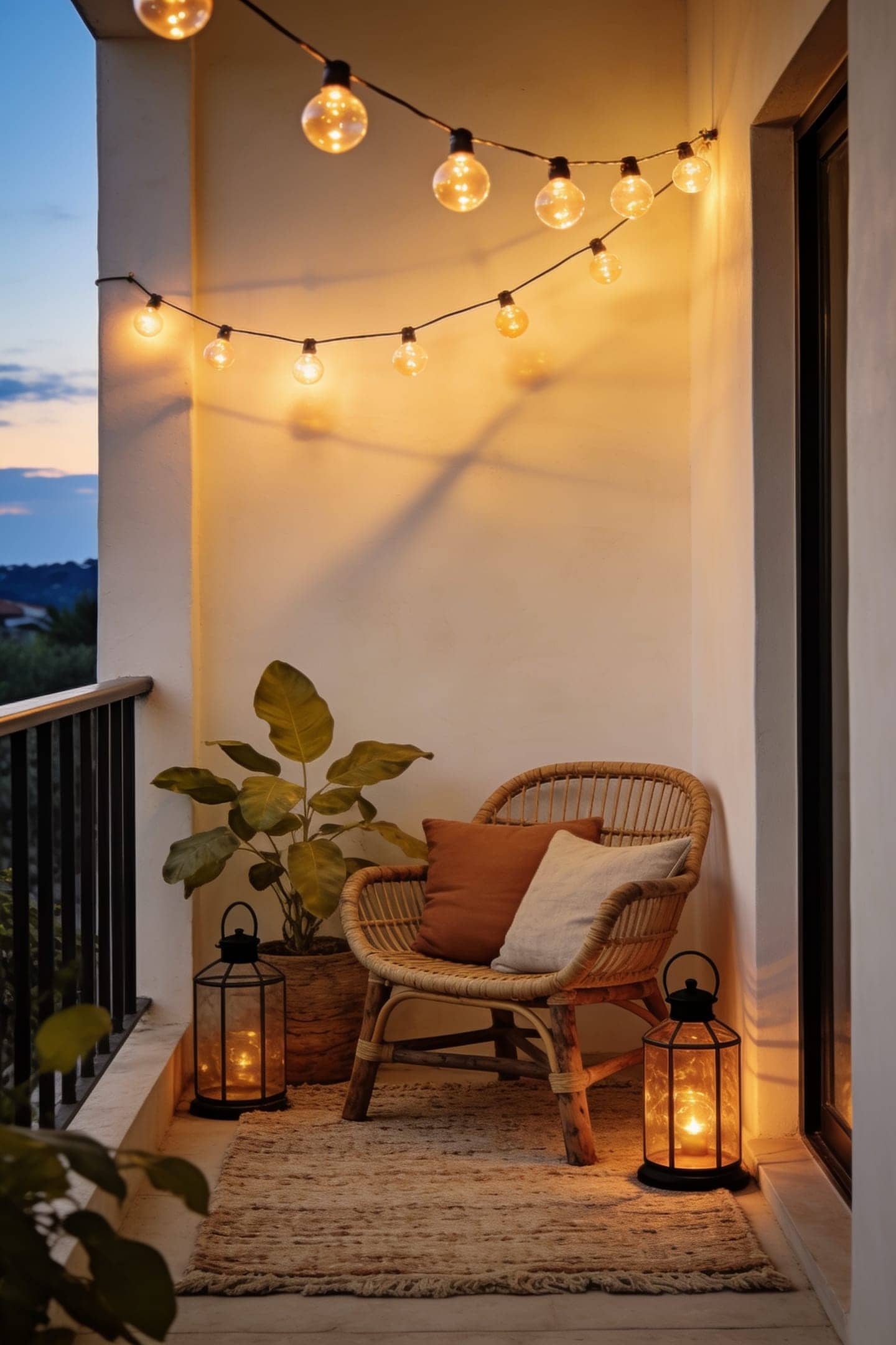 warm string lights zigzagged over balcony