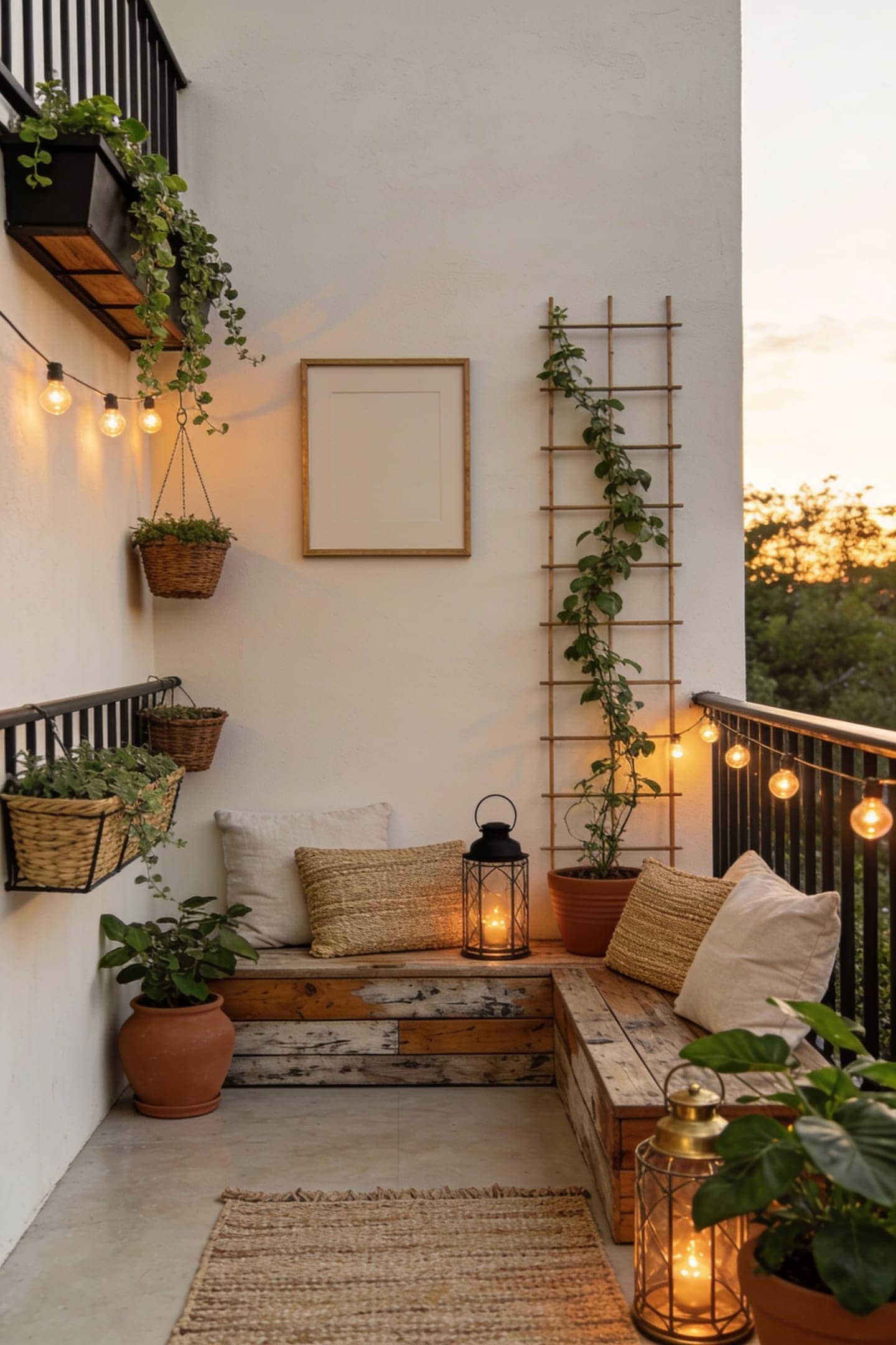 rail planters and hanging baskets on balcony