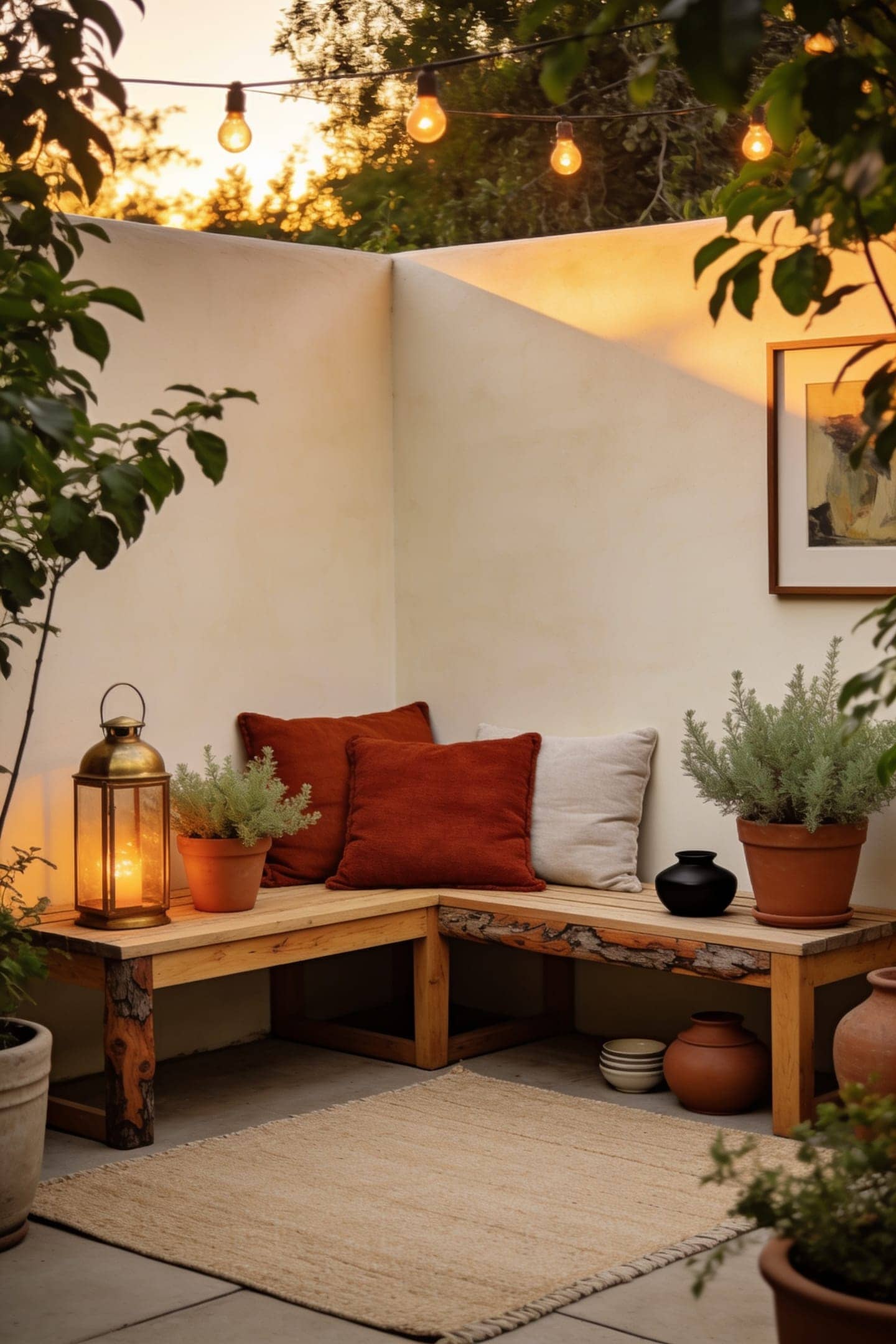 patio cushions in warm terracotta and cream