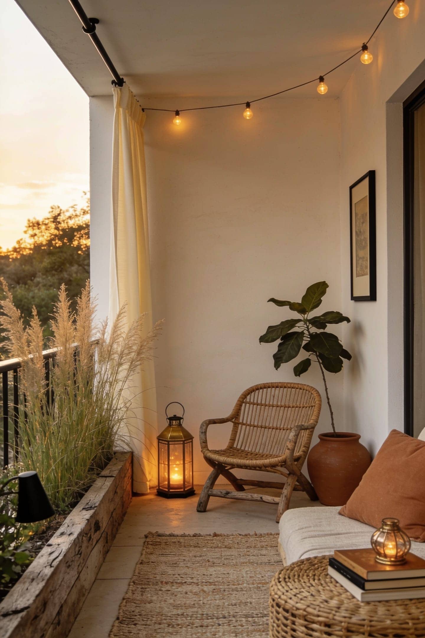outdoor curtain and tall grass screening balcony