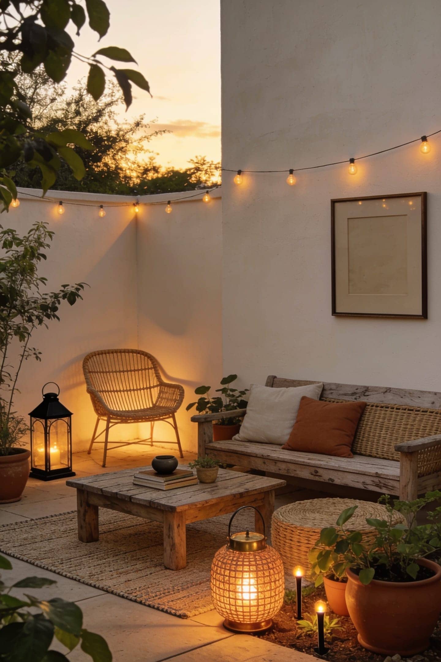 solar lanterns glowing on patio floor