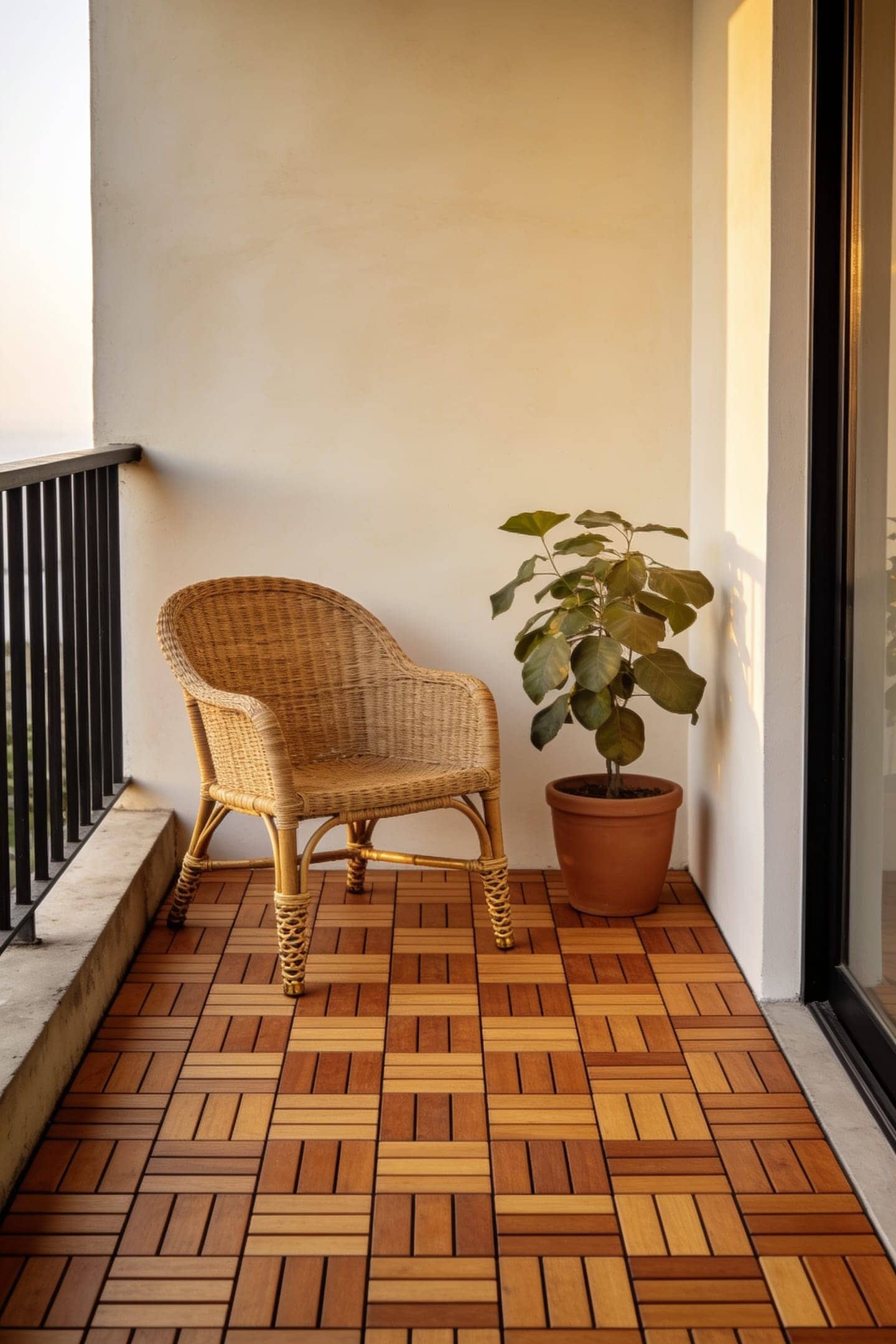acacia deck tiles snapped over a small concrete balcony floor