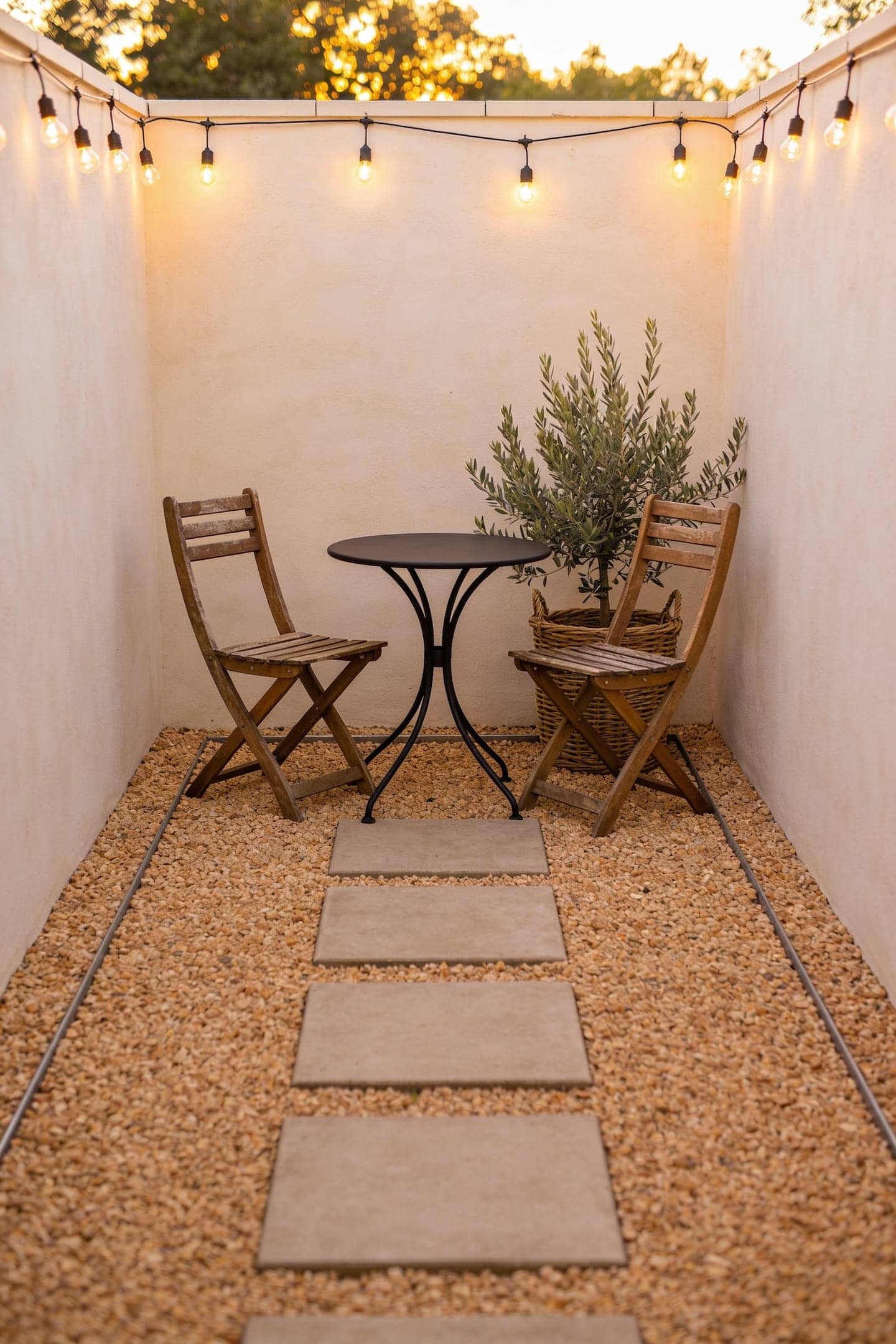 small pea gravel patio with stepping-stone pavers and a bistro set