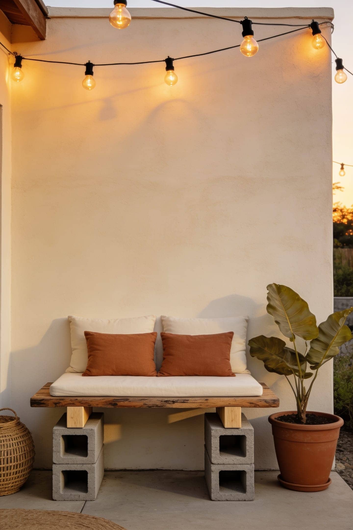 cinder block bench with cushions on a small patio