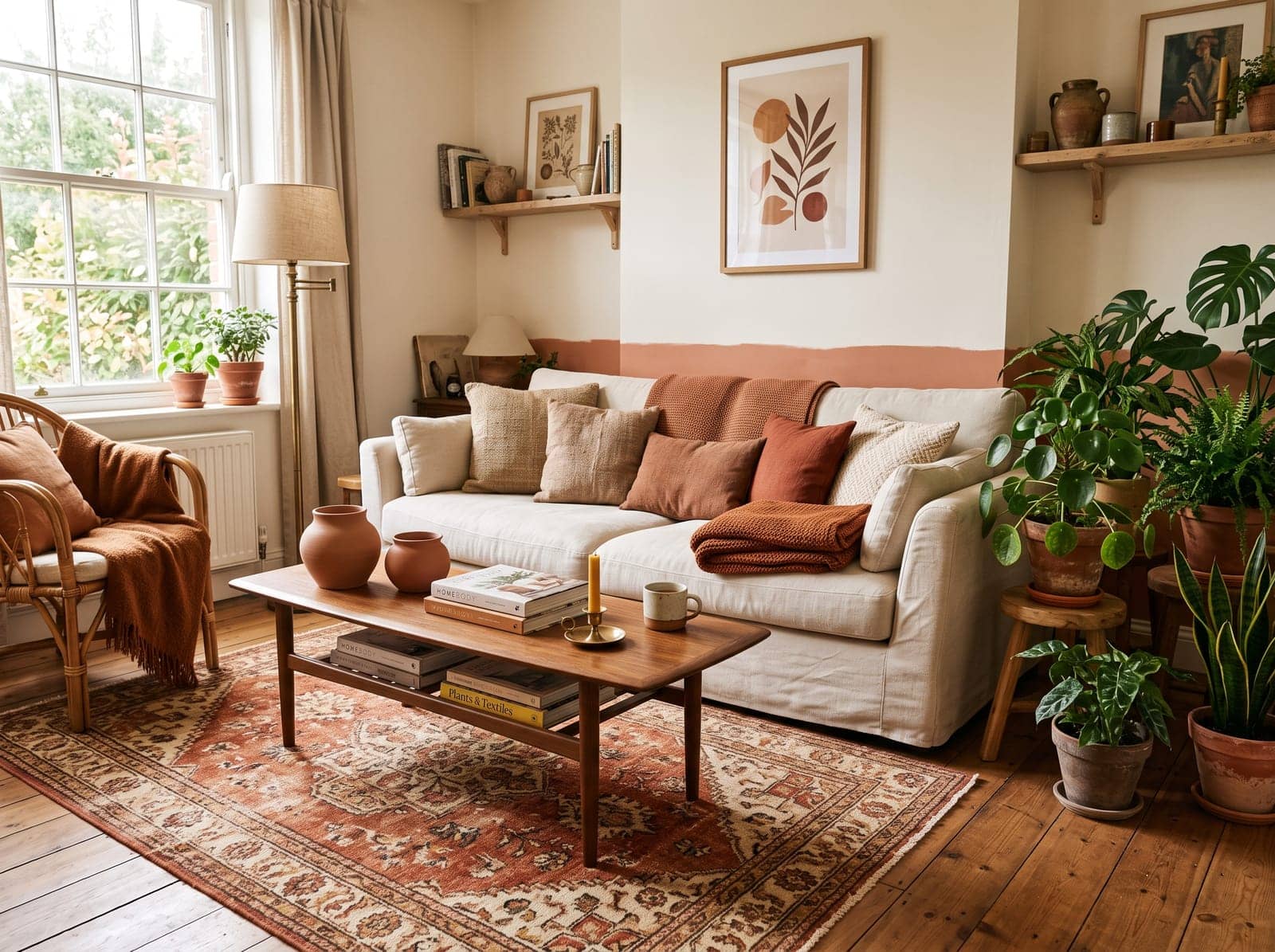 terracotta living room with clay-toned pillows, warm wood and greenery