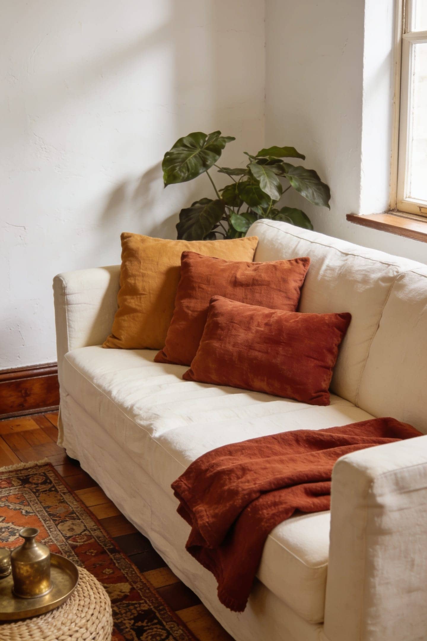 clay-toned throw pillows and a rust blanket on a cream sofa