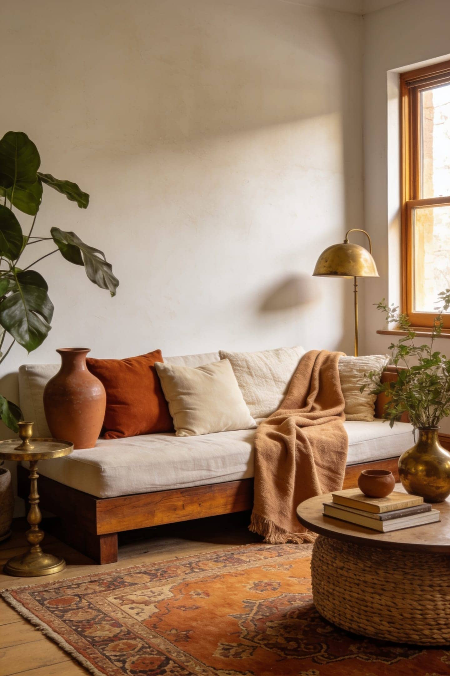 terracotta accents against cream and oat neutrals in a living room