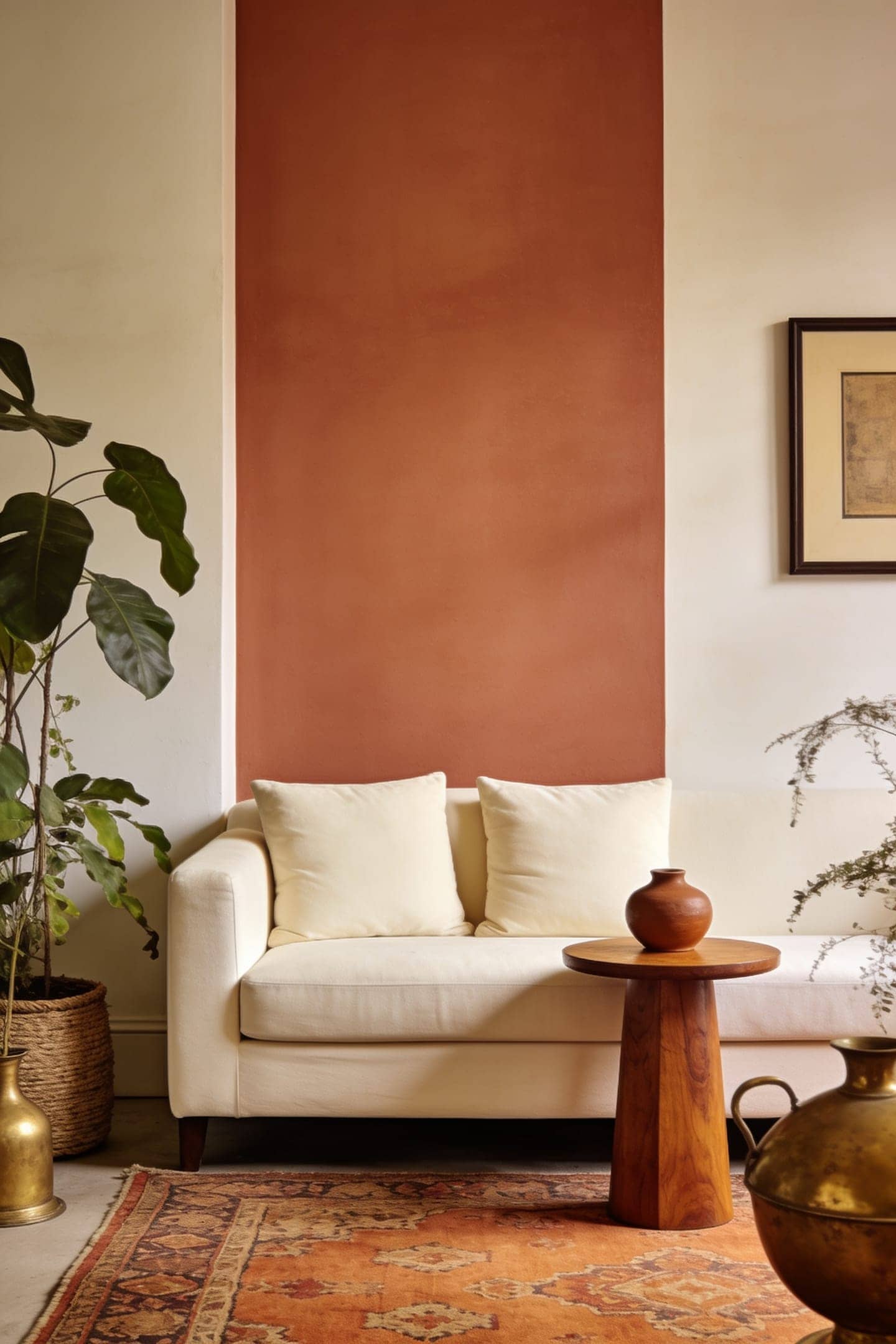a terracotta accent wall behind a simply styled neutral living room