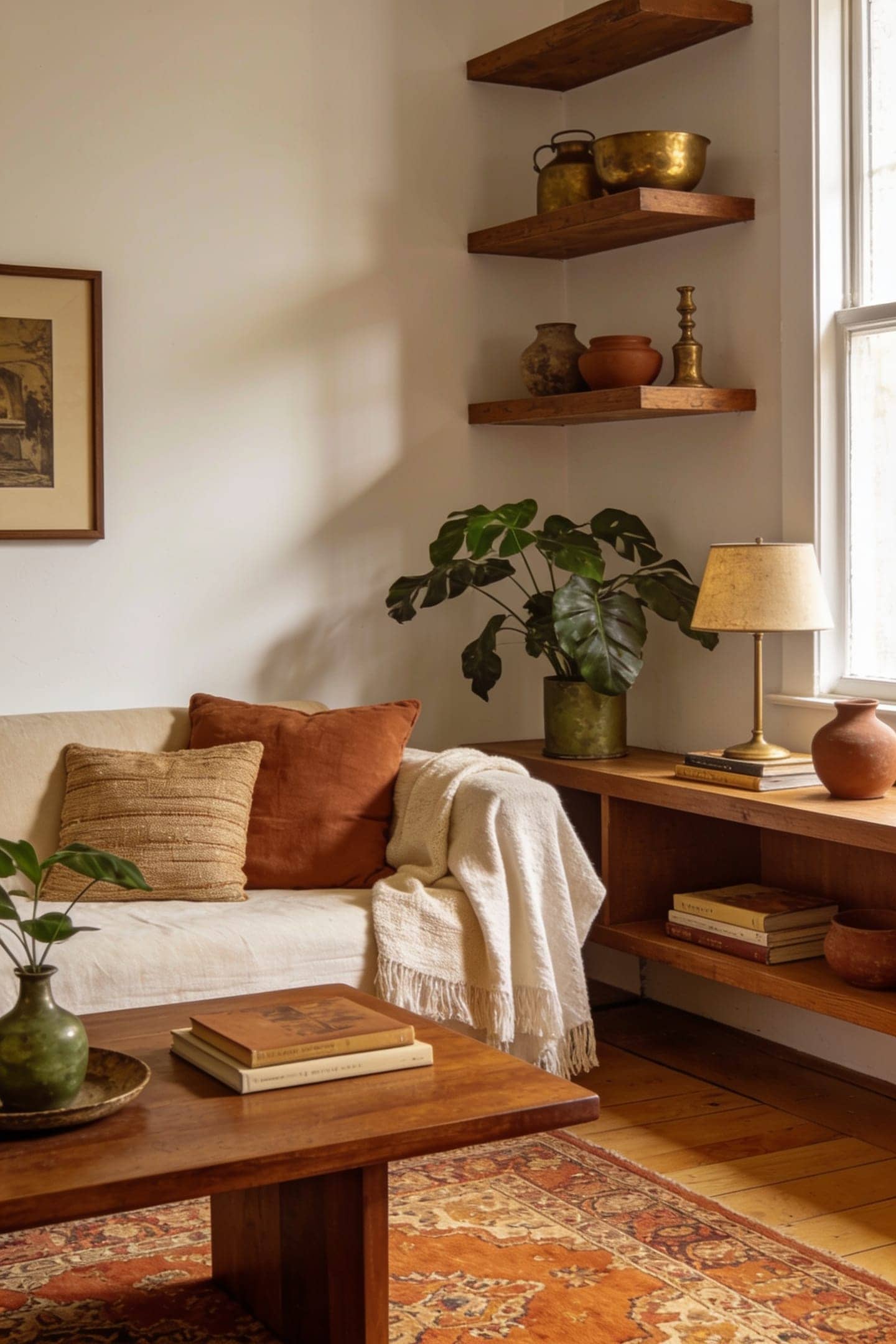 warm walnut coffee table and oak shelving in a terracotta room