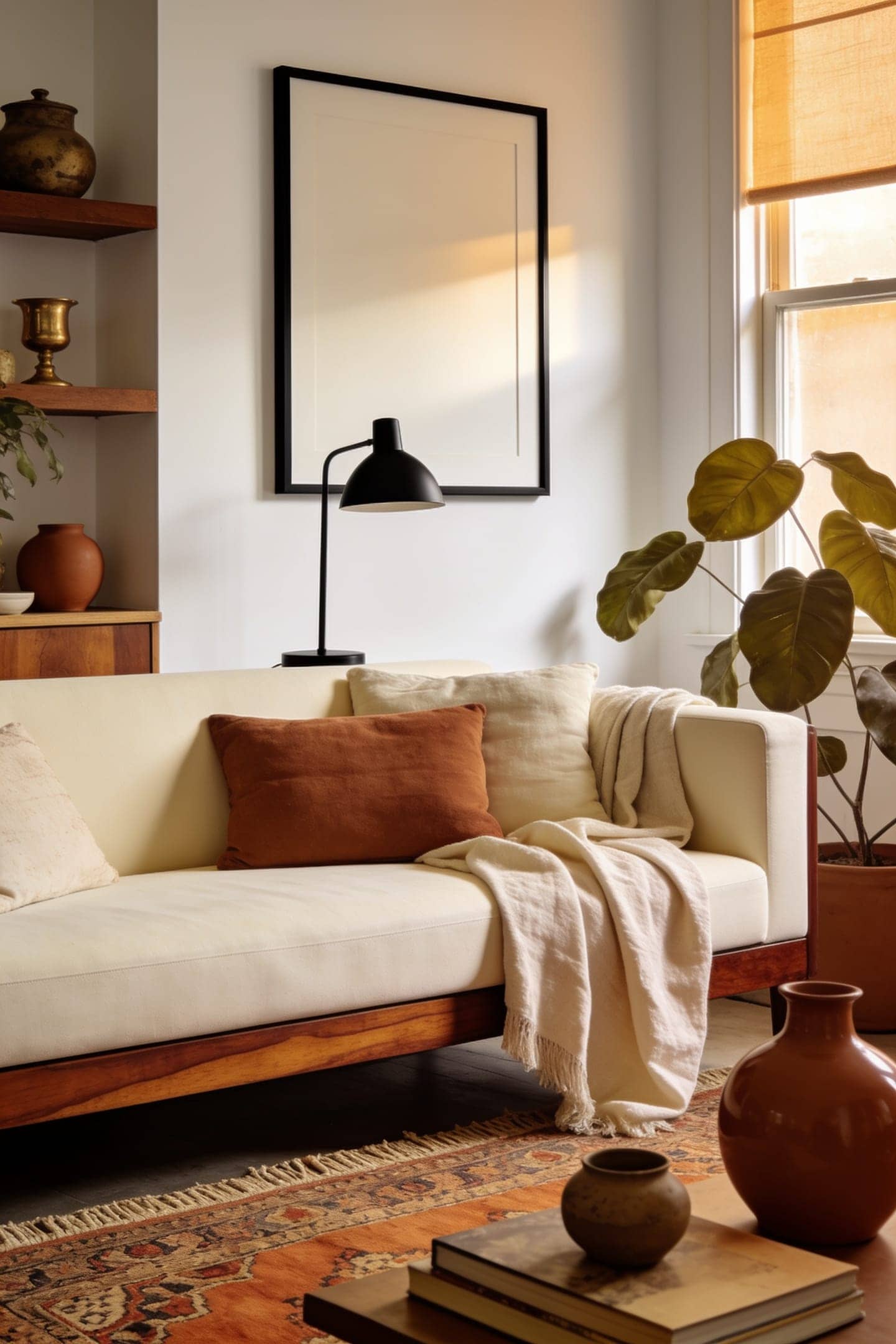 small black accents, a lamp base and thin frames, in a warm terracotta room