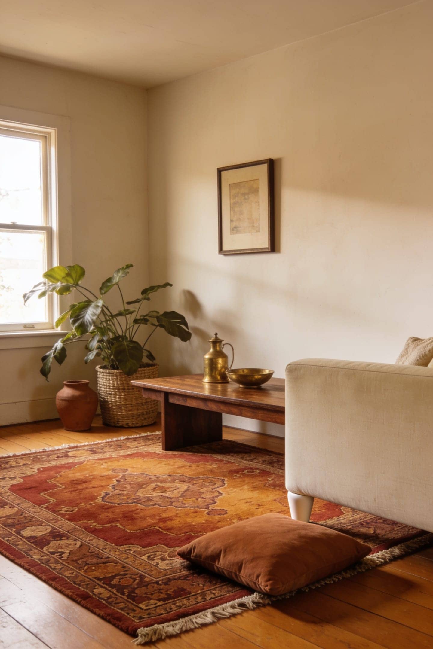 vintage-style rug with rust and clay tones anchoring a living room