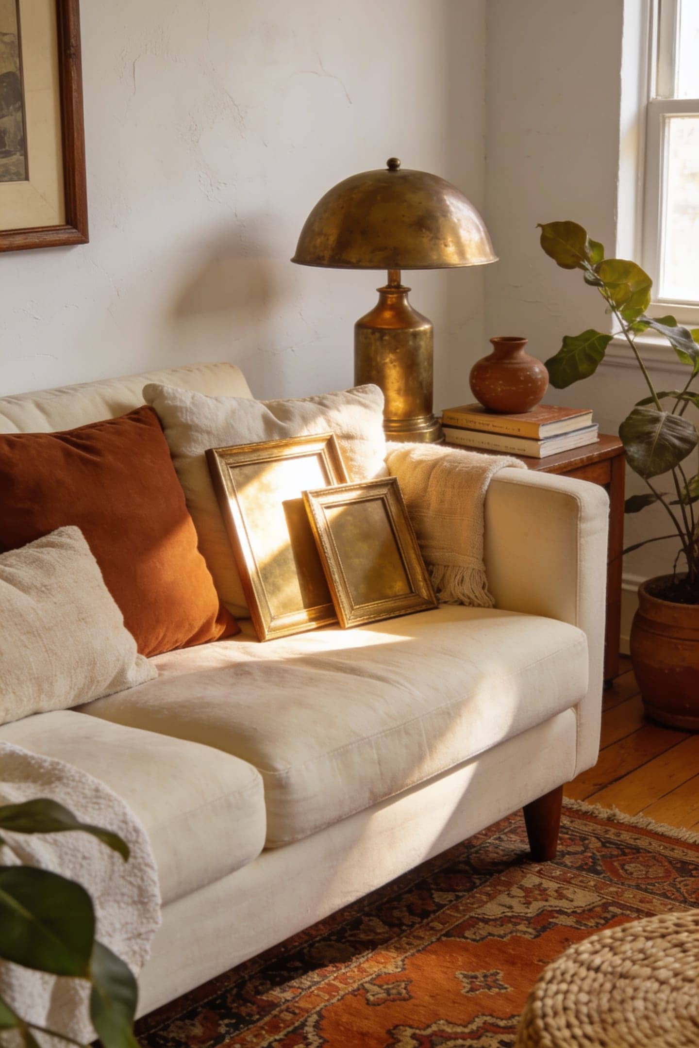 aged brass lamp and frames warming a terracotta living room
