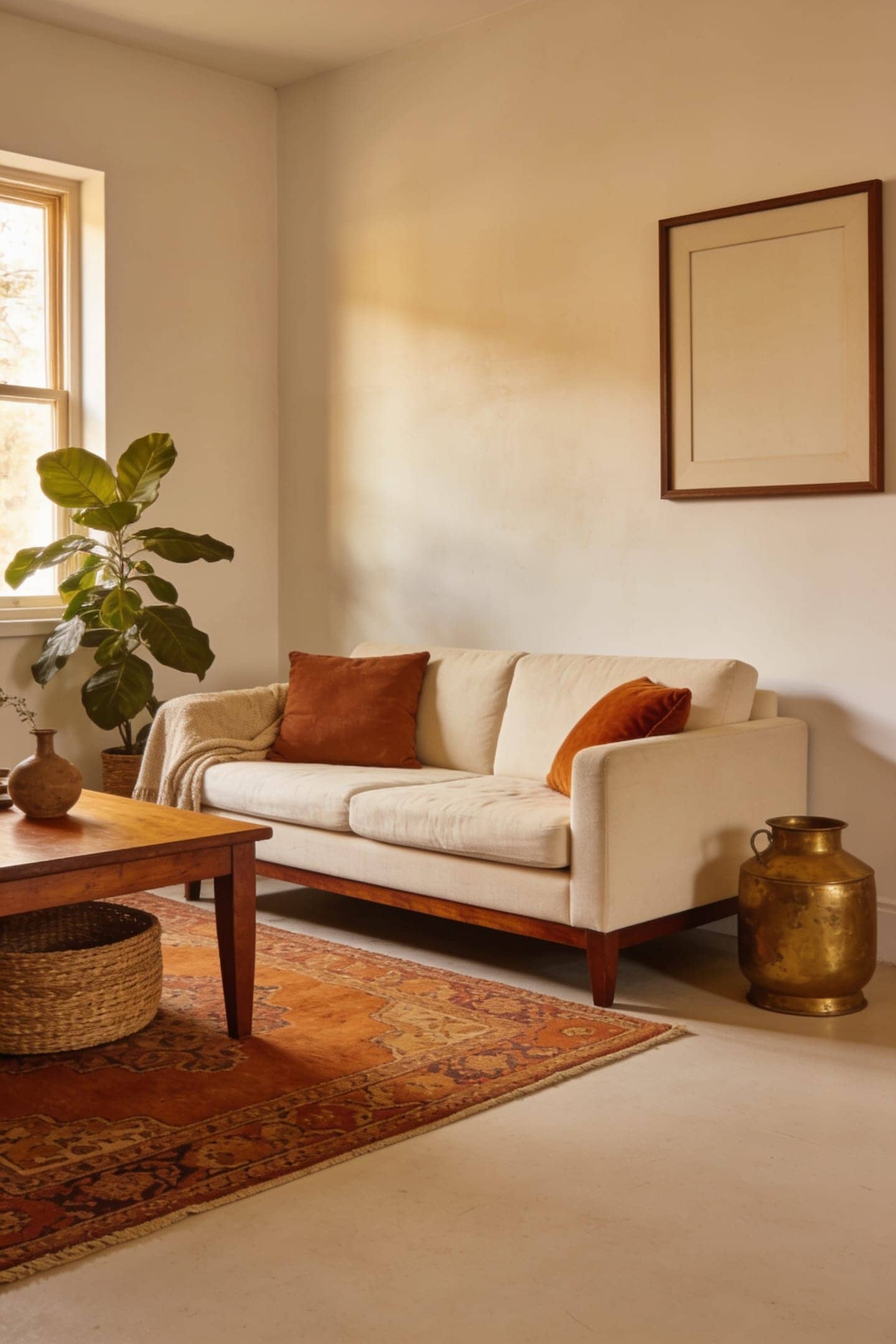 calm modern terracotta living room with breathing room