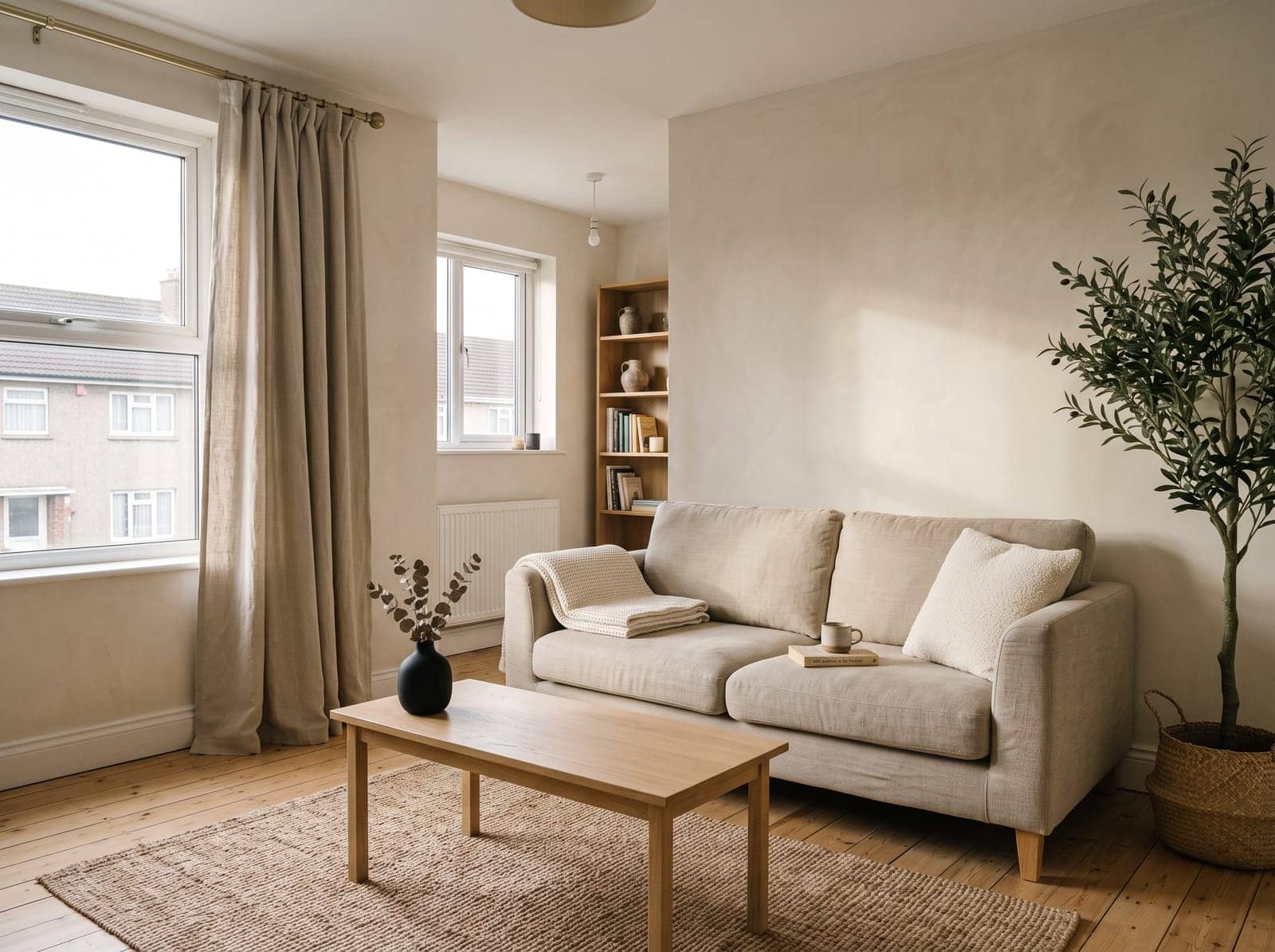 warm neutral living room with layered cream, oat and one deep espresso piece