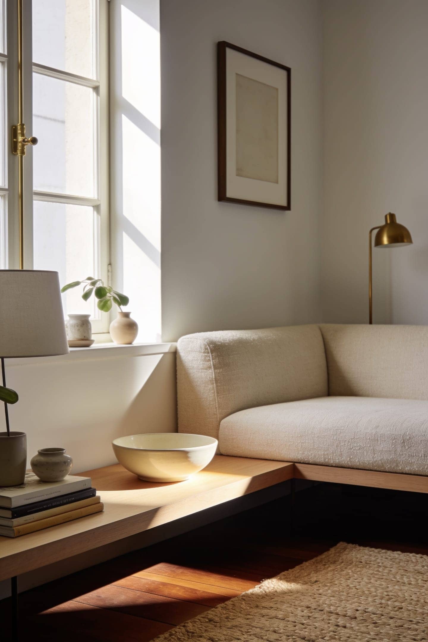 living room corner seen in soft daylight with strong light and shadow contrast