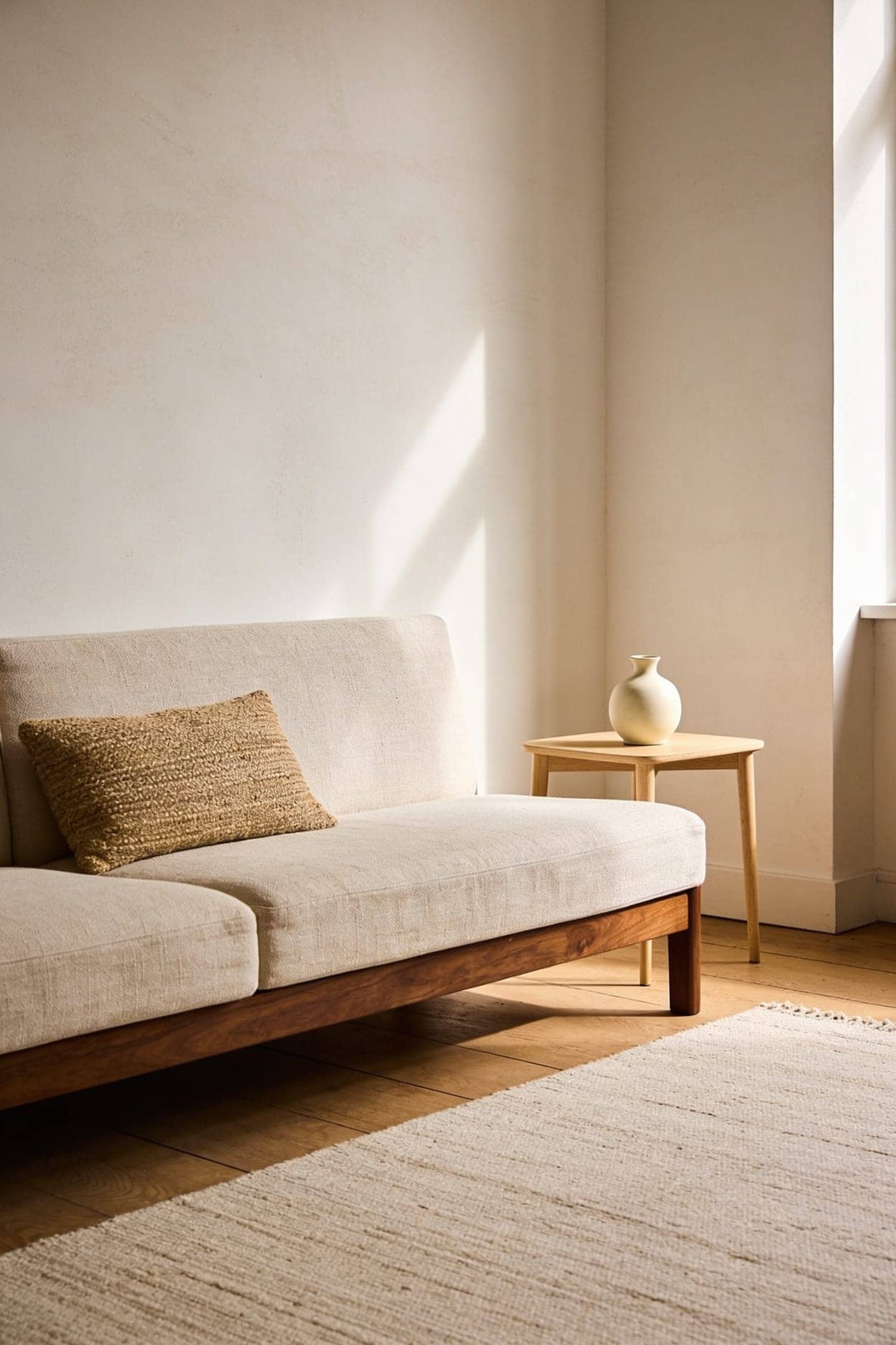 pale warm white wall behind a low sofa in a bright room