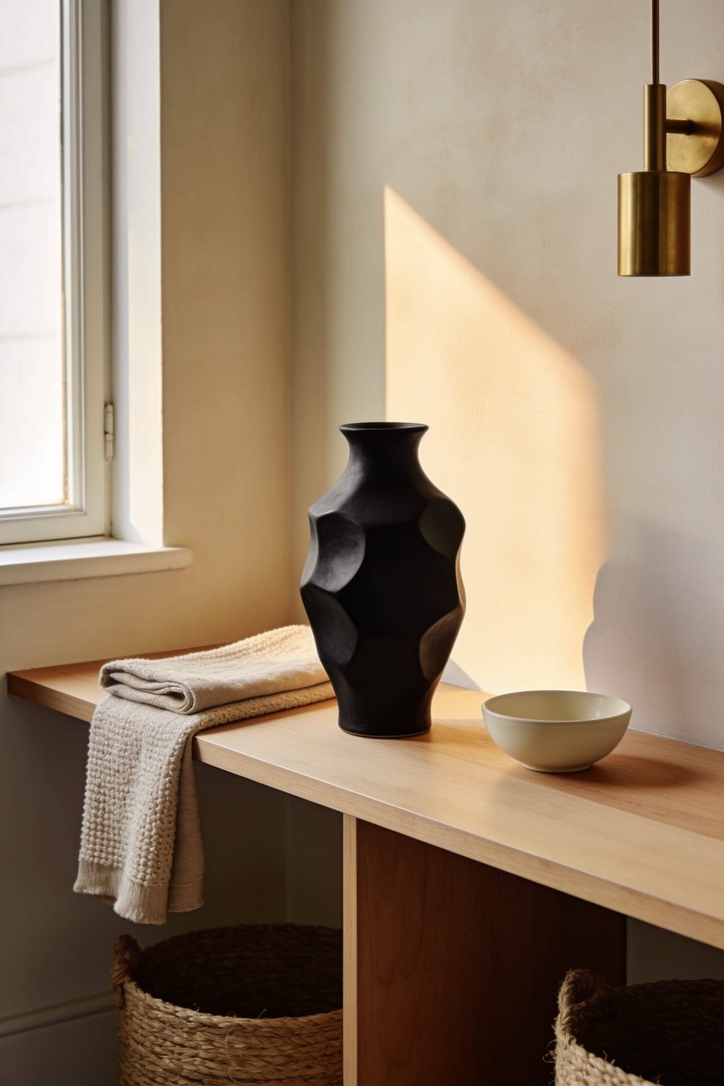 matte black sculptural vase on a light wood console