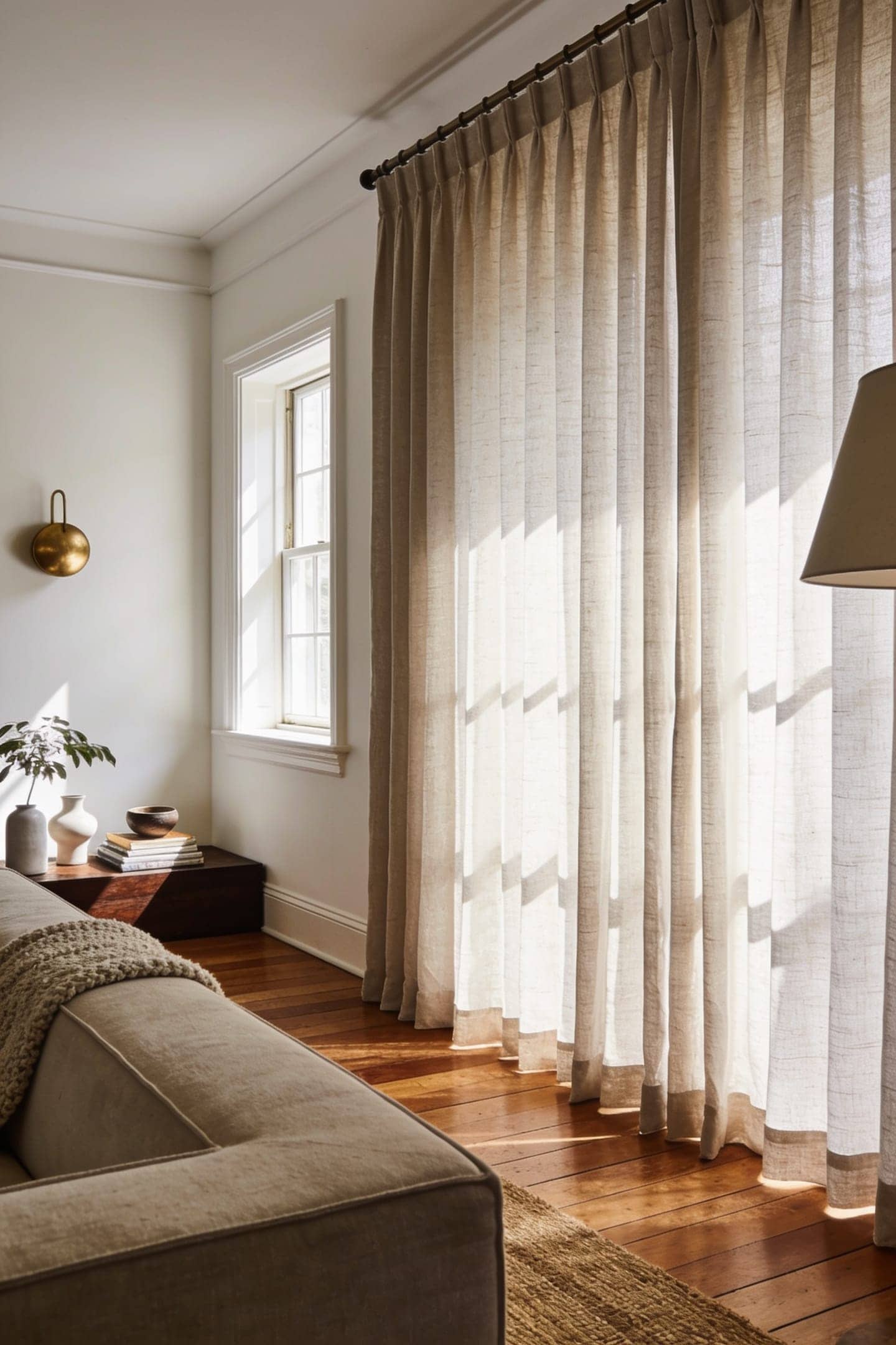 floor length oatmeal curtains hung high beside a sofa in daylight