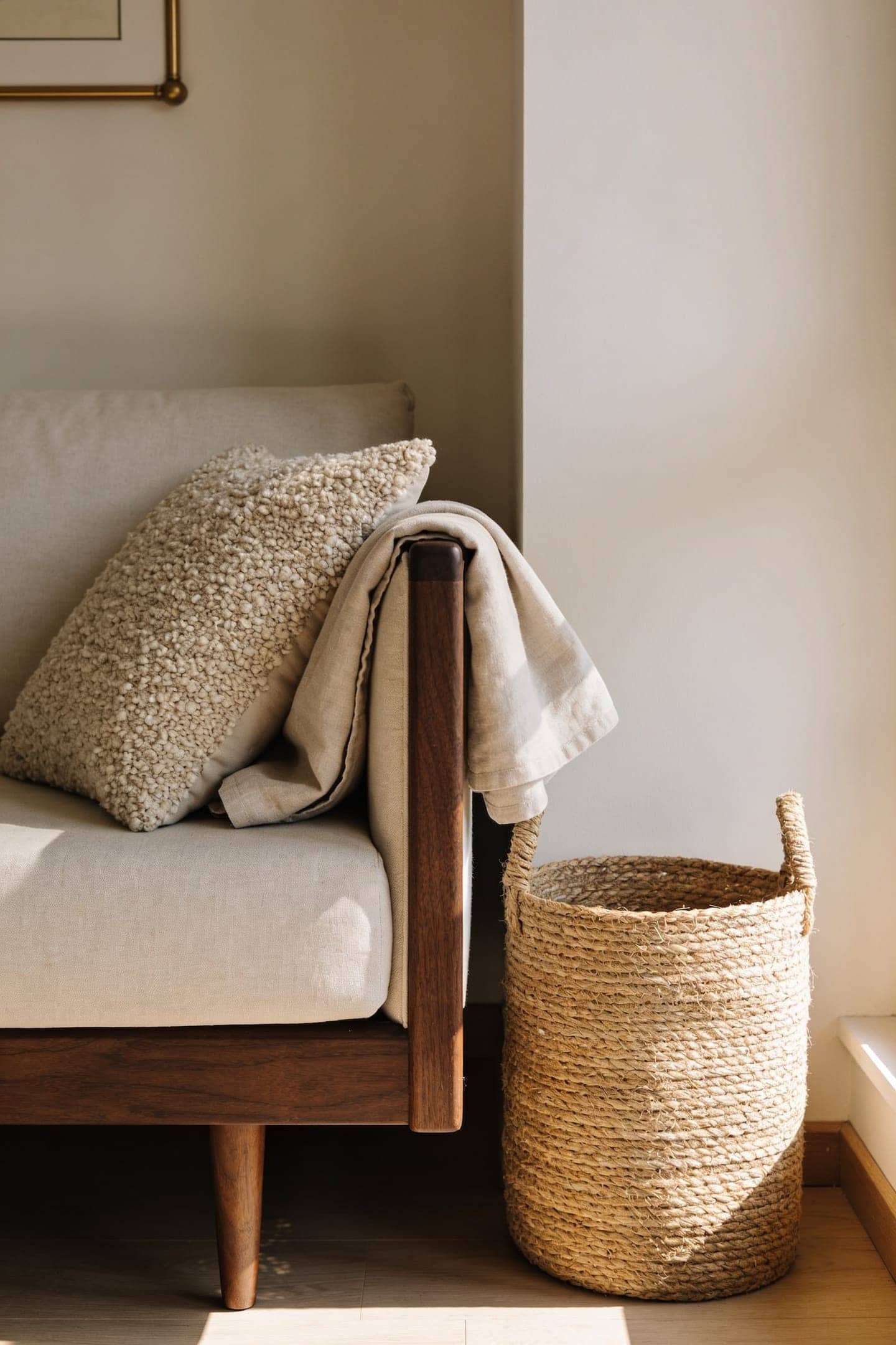 boucle cushion linen throw and jute basket layered in the same cream tone