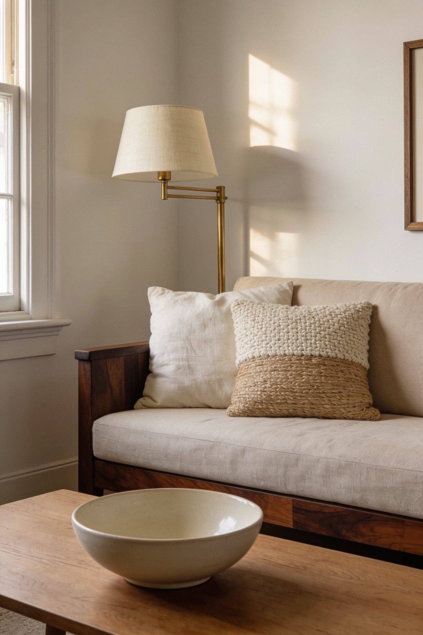 cream tones repeated across cushions a lampshade and a ceramic bowl