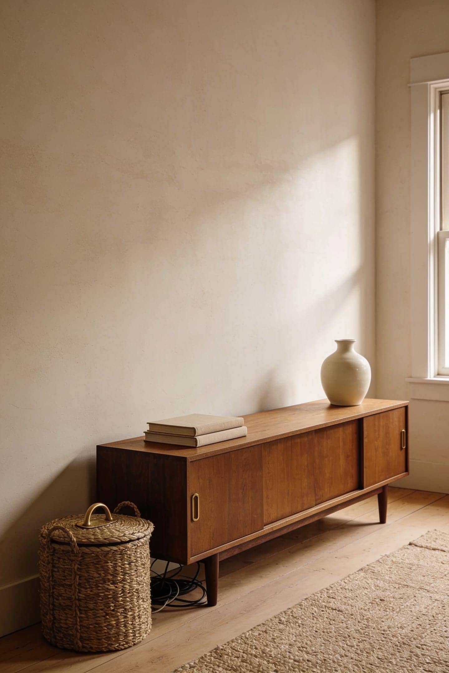 warm neutral seating area with a wood media console and no gray tech