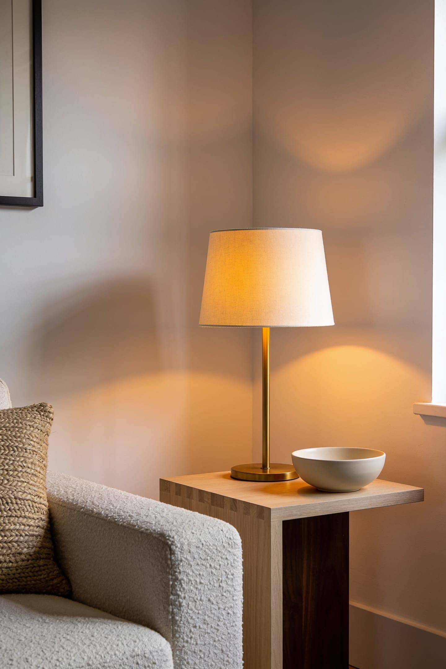 table lamp glowing warm against cream walls at dusk