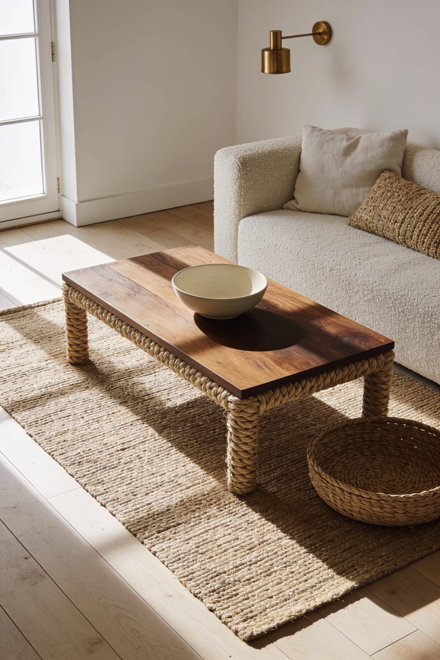 jute rug under a low coffee table with a woven basket beside it