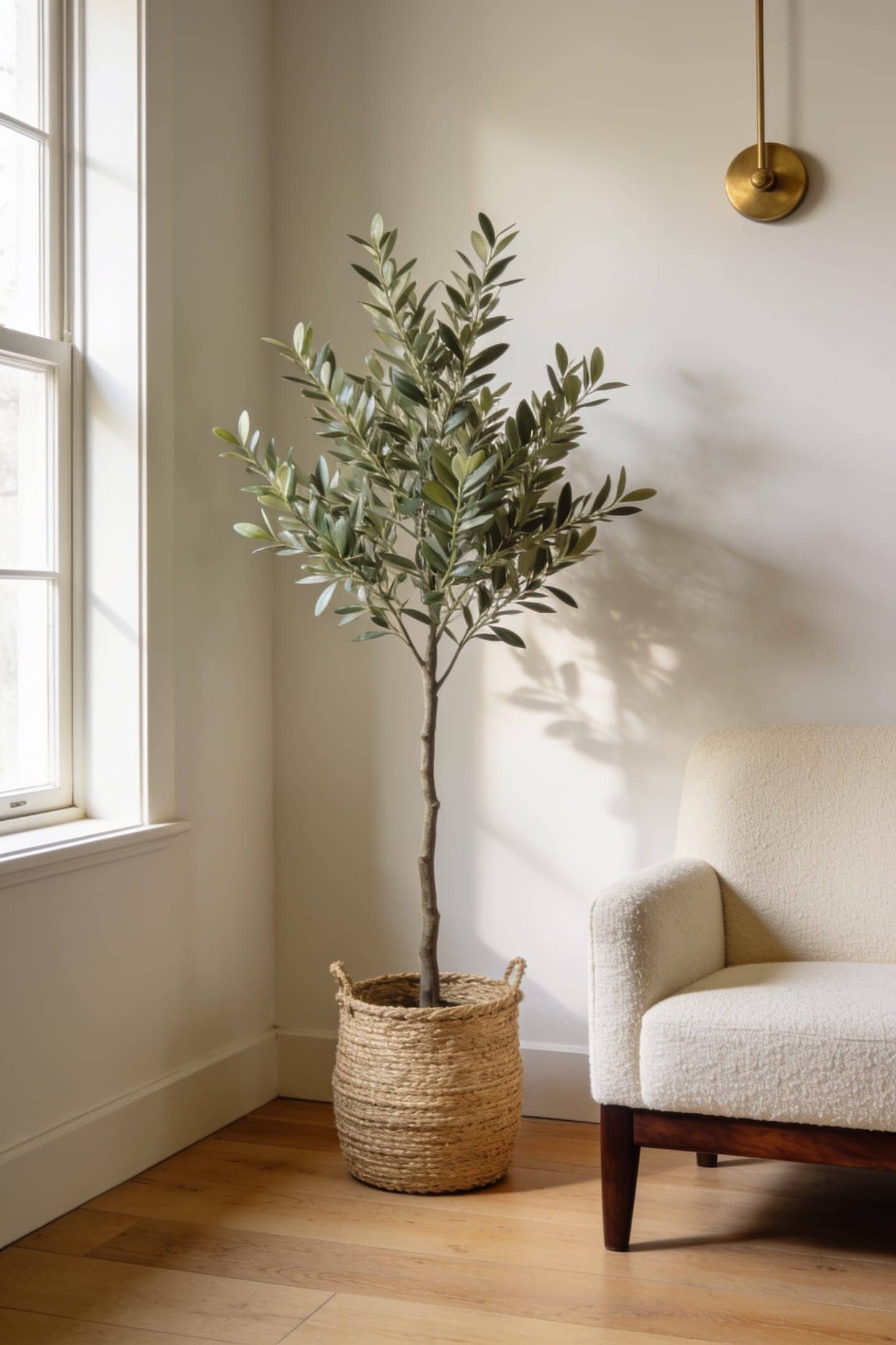 tall olive tree in a woven basket beside a cream armchair